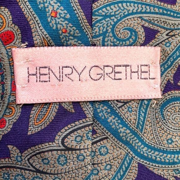 Vintage Henry Grethel Tie Blue Red Classic Paisley Print Silk Crepe Necktie - Picture 4 of 6